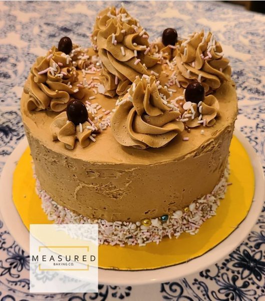 GF White Cake with Coffee Buttercream, Sprinkles and Chocolate Covered Coffee Beans
